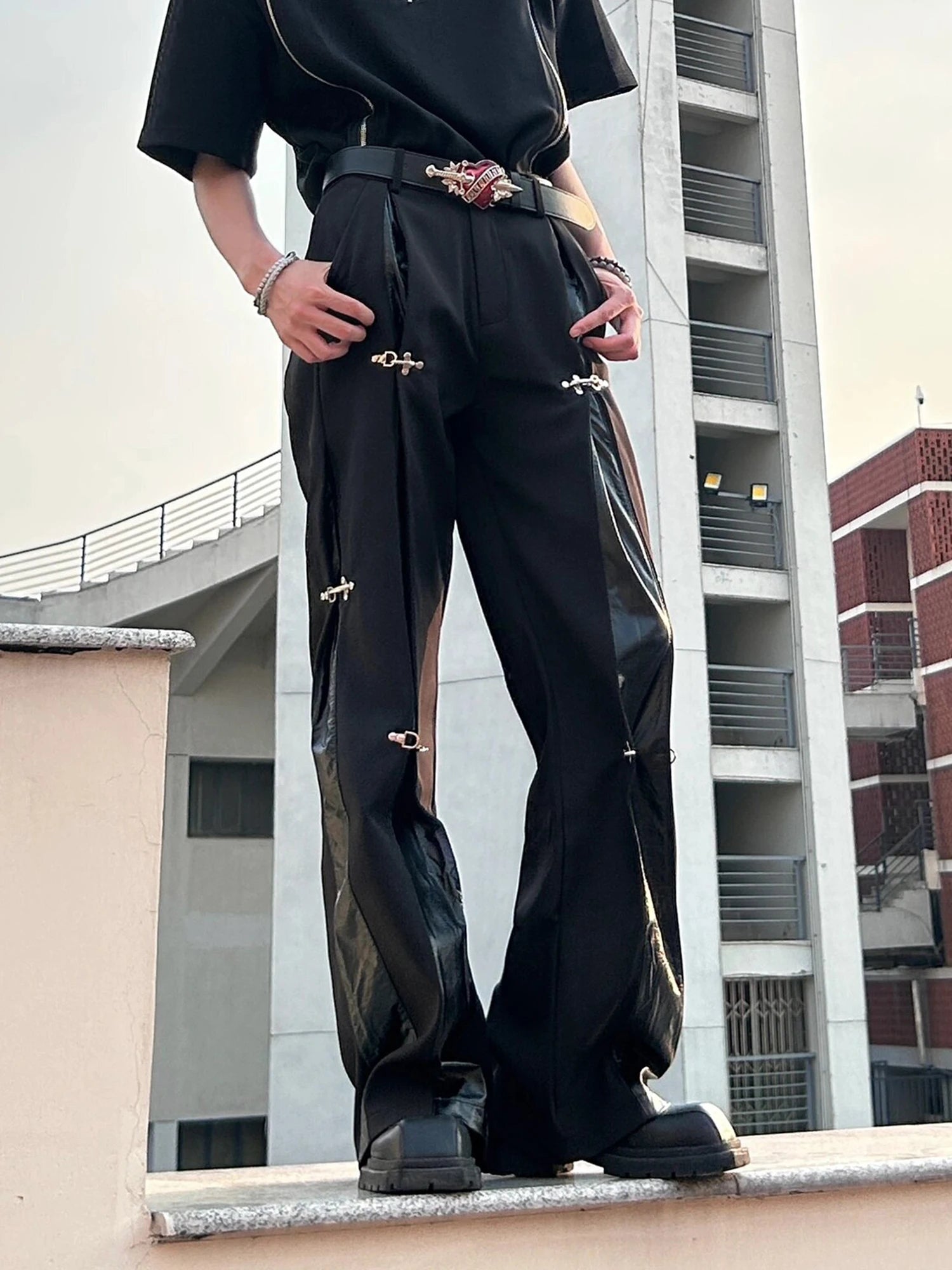 Y2K Cargo Tracksuit Pants — Leather Splice Streetwear Joggers