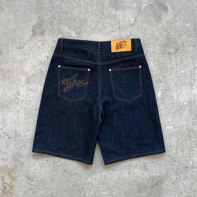 Y2K Baggy Denim Shorts – Retro Embroidered Hip Hop Streetwear