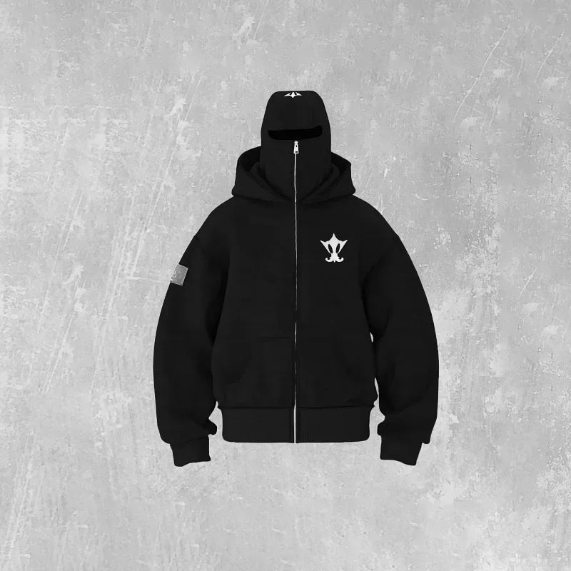 Y2K Harajuku Ninja Zip-Up Hoodie – Embroidered Washed Double Hat Streetwear