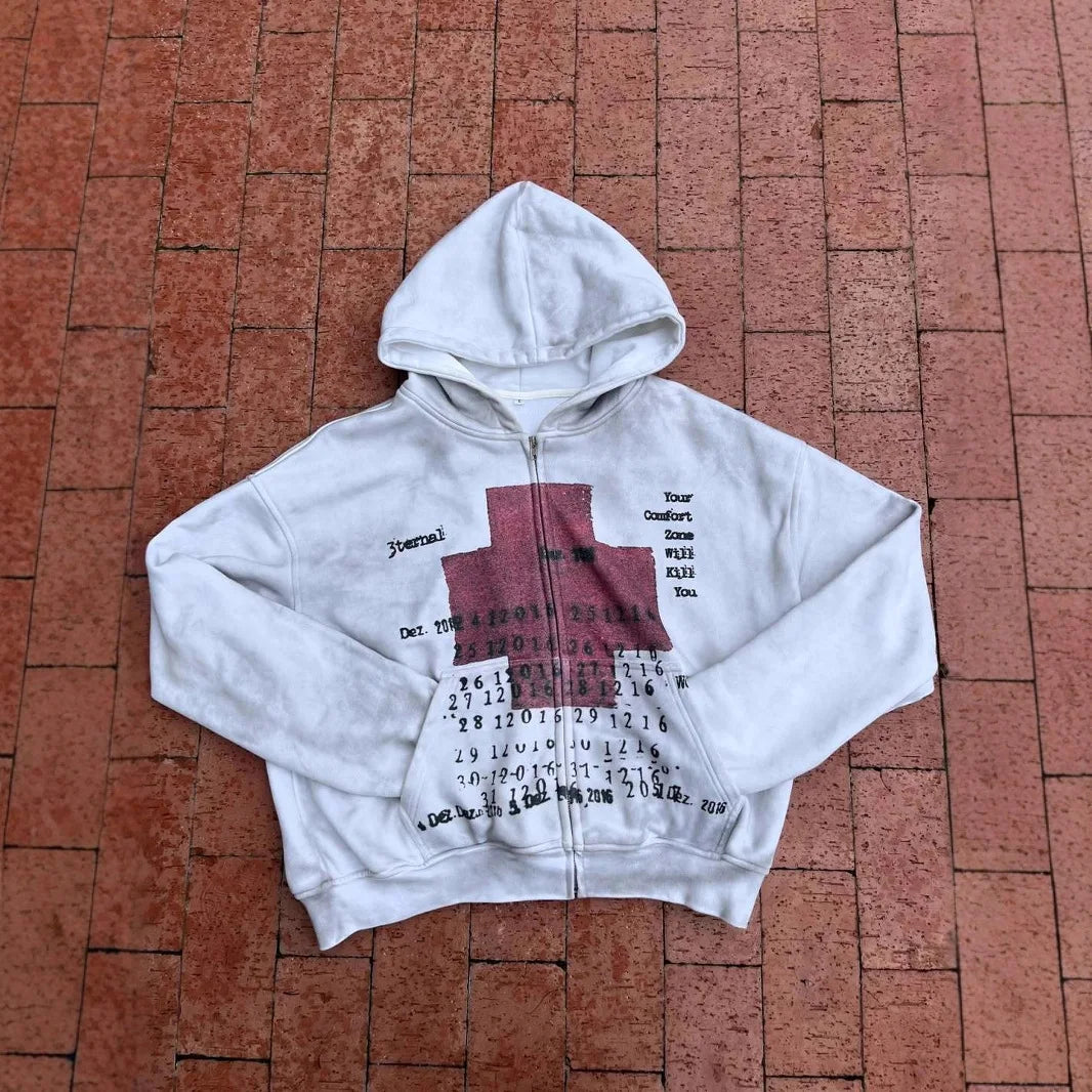 Y2K Red Cross Distressed Hoodie — Vintage Streetwear Pullover