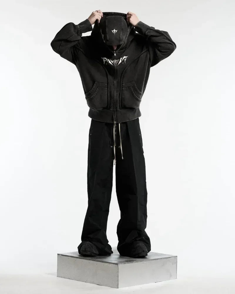 Y2K Harajuku Ninja Zip-Up Hoodie – Embroidered Washed Double Hat Streetwear