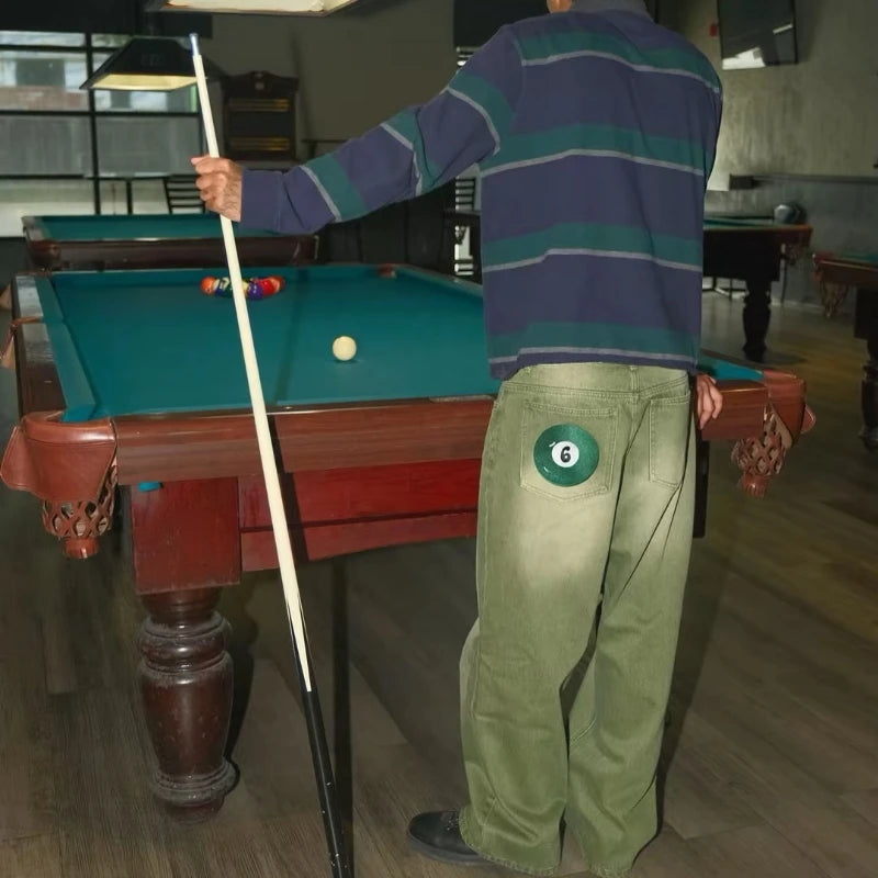 Y2K Matcha Wash Baggy Jeans — Embroidered Streetwear Denim