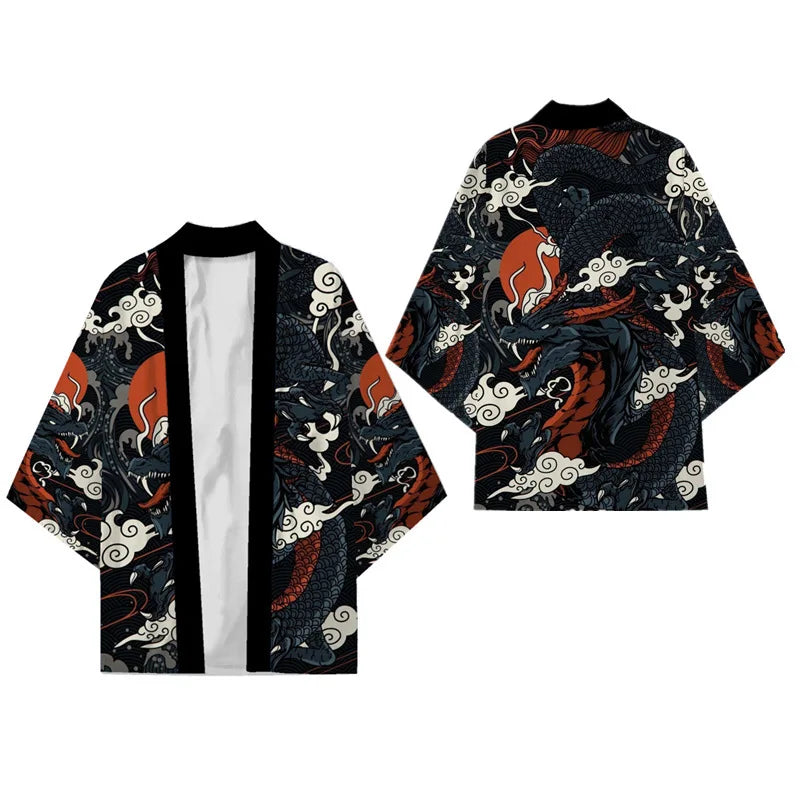 Japanese Kimono Cardigan – Dragon Print Samurai Haori Yukata (3XL-5XL)