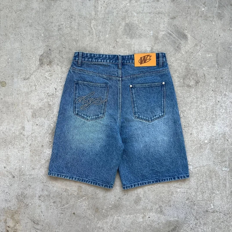 Y2K Baggy Denim Shorts – Retro Embroidered Hip Hop Streetwear