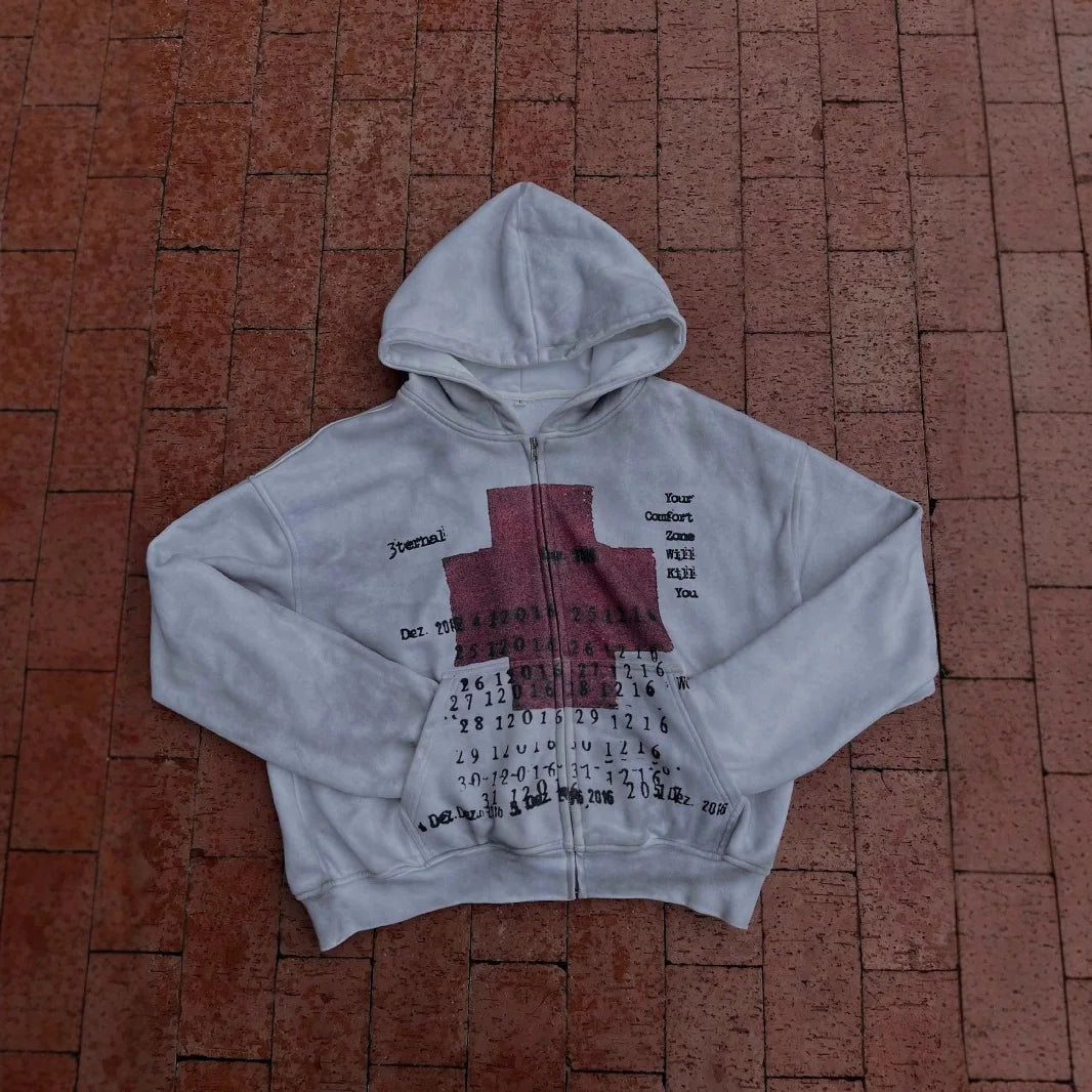 Y2K Red Cross Distressed Hoodie — Vintage Streetwear Pullover