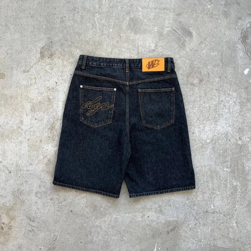Y2K Baggy Denim Shorts – Retro Embroidered Hip Hop Streetwear