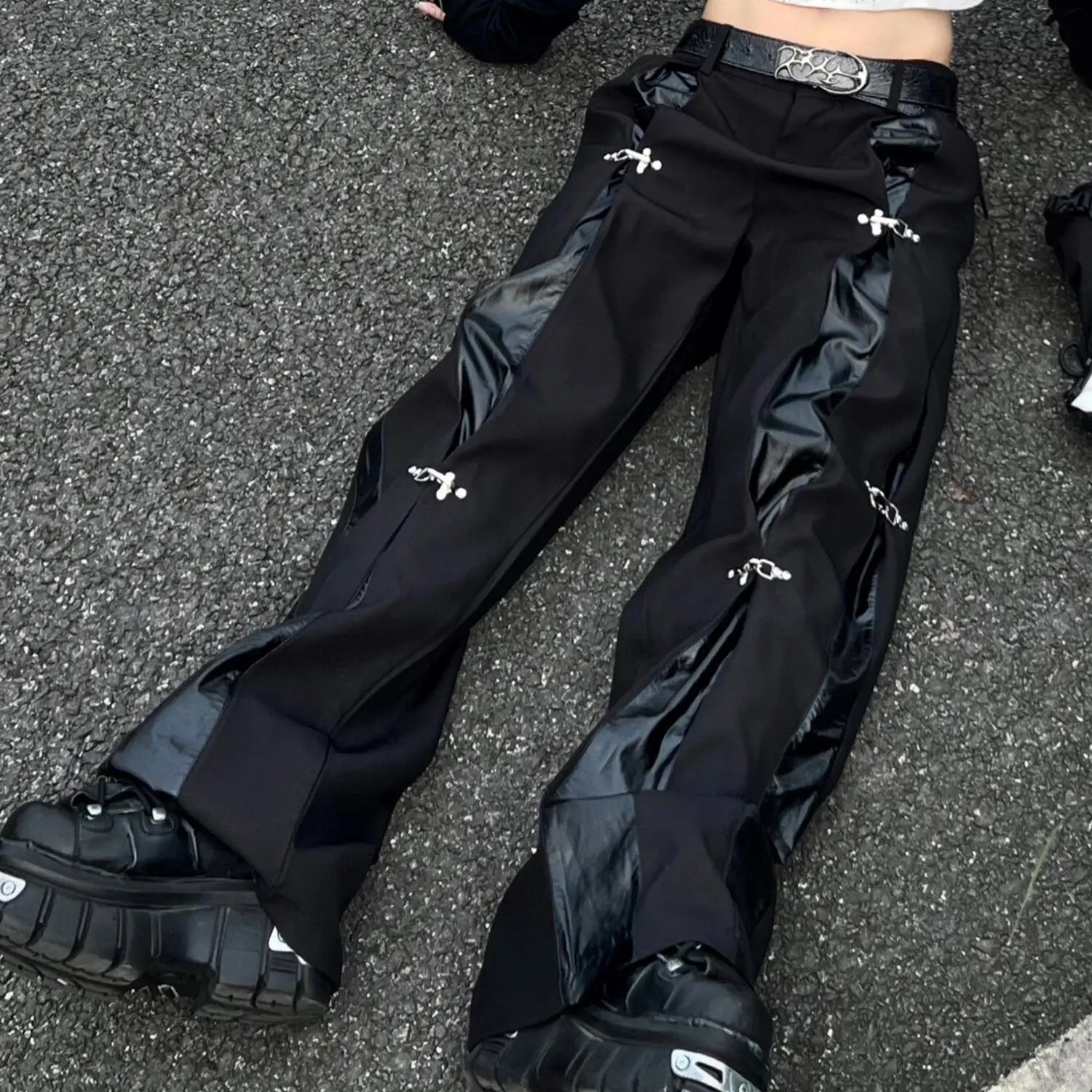 Y2K Cargo Tracksuit Pants — Leather Splice Streetwear Joggers