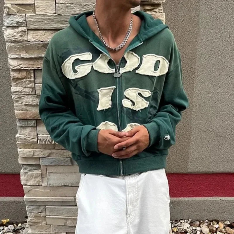"God is Good" Zip-Up Hoodie – Y2K Gothic Hip Hop Streetwear
