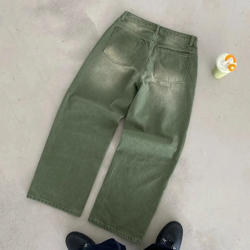 Y2K Matcha Wash Baggy Jeans — Embroidered Streetwear Denim
