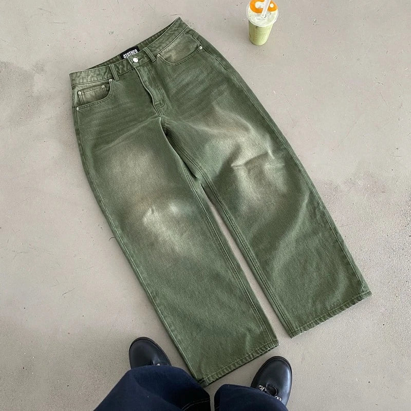 Y2K Matcha Wash Baggy Jeans — Embroidered Streetwear Denim