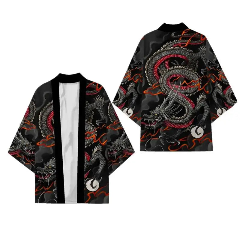 Japanese Kimono Cardigan – Dragon Print Samurai Haori Yukata (3XL-5XL)