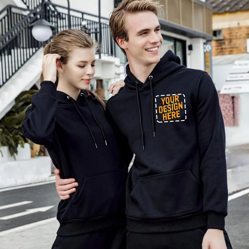 Customized Logo Drawstring Hoodie – Warm Solid Color Ribbed Cuff Sweatshirt