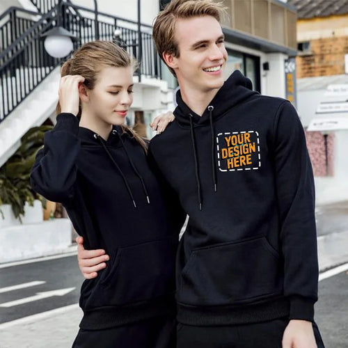 Customized Logo Drawstring Hoodie – Warm Solid Color Ribbed Cuff Sweatshirt