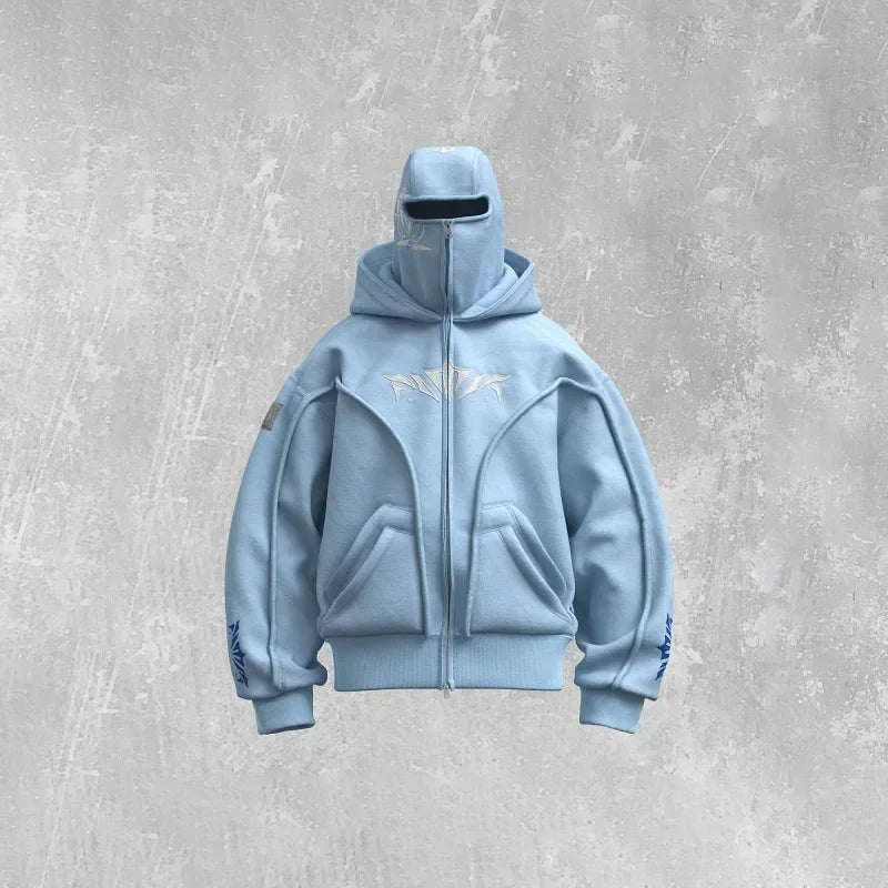 Y2K Harajuku Ninja Zip-Up Hoodie – Embroidered Washed Double Hat Streetwear