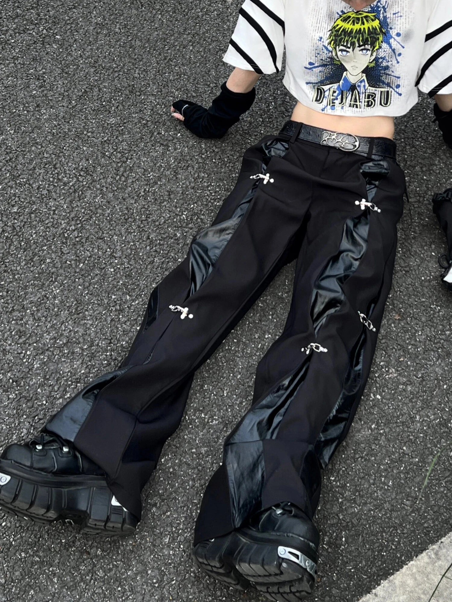 Y2K Cargo Tracksuit Pants — Leather Splice Streetwear Joggers