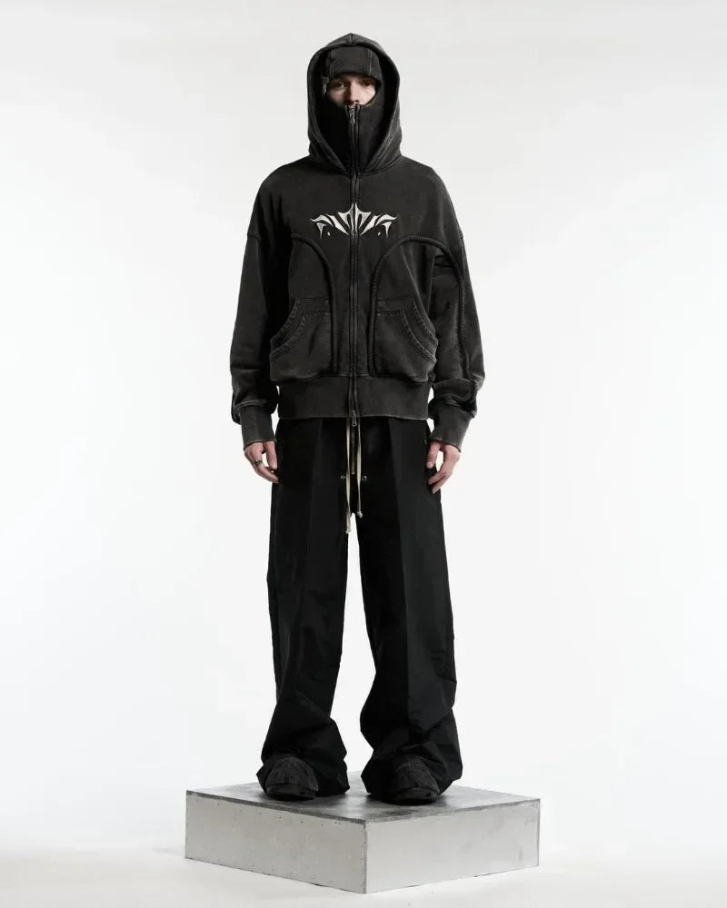 Y2K Harajuku Ninja Zip-Up Hoodie – Embroidered Washed Double Hat Streetwear