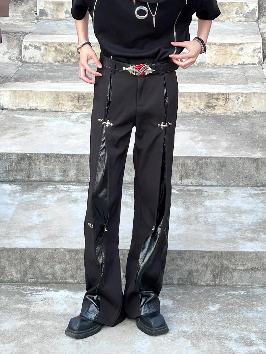 Y2K Cargo Tracksuit Pants — Leather Splice Streetwear Joggers