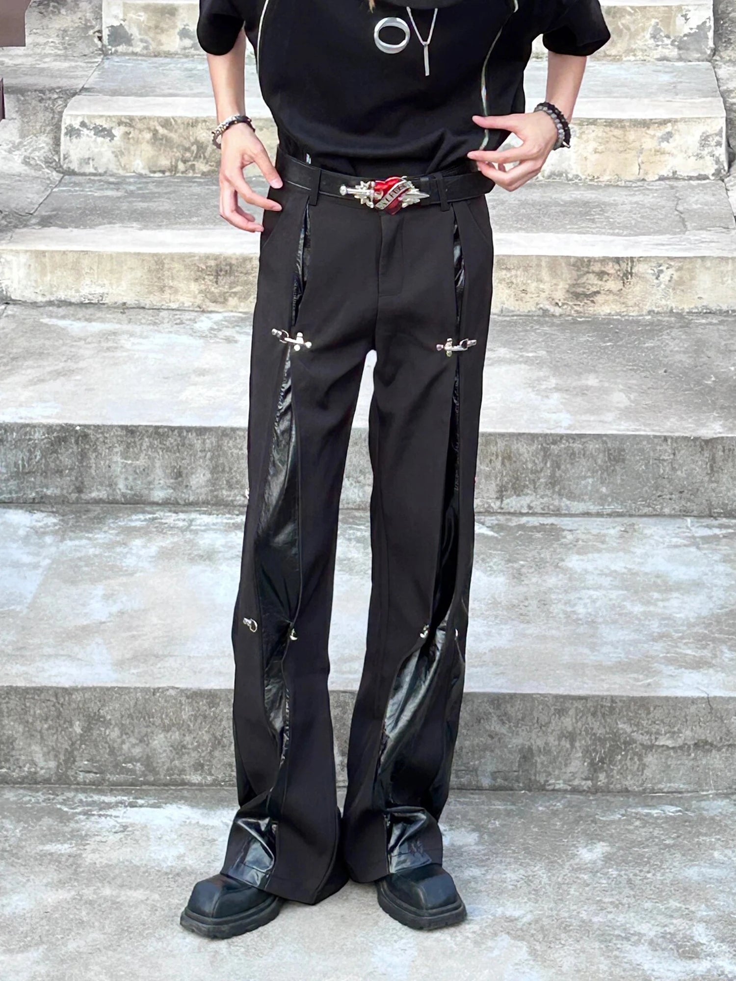 Y2K Cargo Tracksuit Pants — Leather Splice Streetwear Joggers