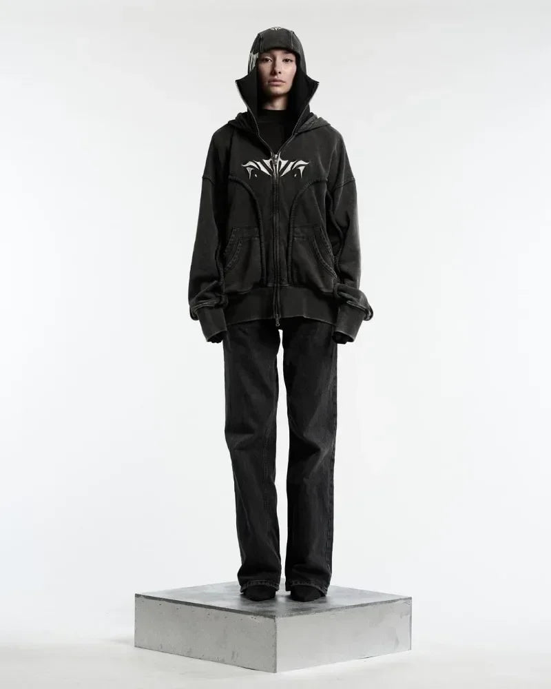 Y2K Harajuku Ninja Zip-Up Hoodie – Embroidered Washed Double Hat Streetwear