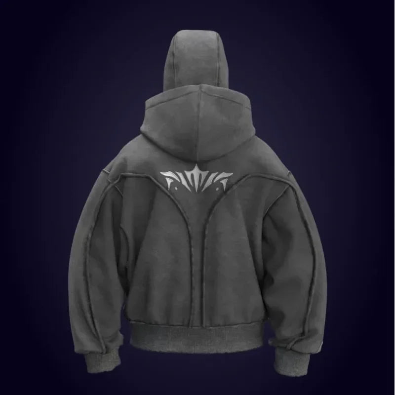 Y2K Harajuku Ninja Zip-Up Hoodie – Embroidered Washed Double Hat Streetwear