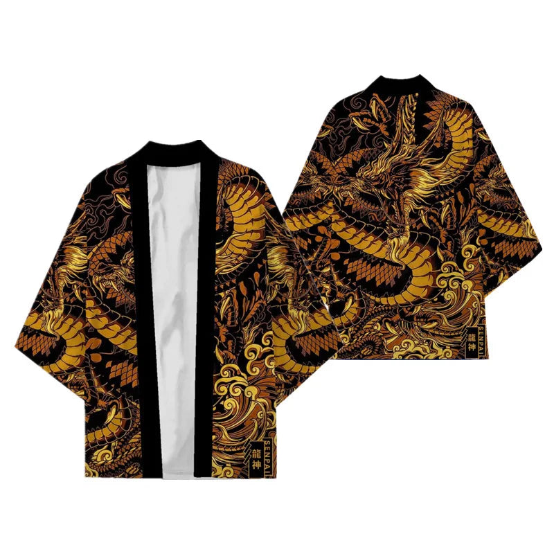 Japanese Kimono Cardigan – Dragon Print Samurai Haori Yukata (3XL-5XL)