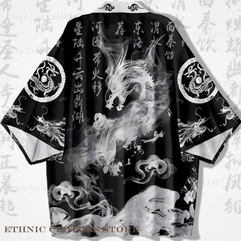Japanese Kimono Cardigan – Dragon Print Samurai Haori Yukata (3XL-5XL)