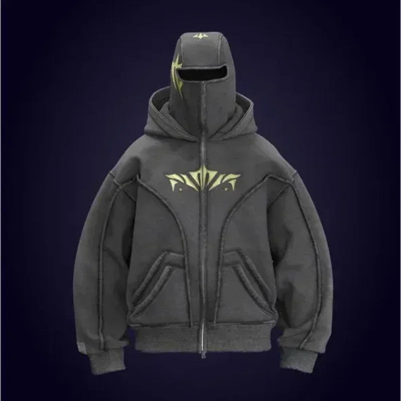 Y2K Harajuku Ninja Zip-Up Hoodie – Embroidered Washed Double Hat Streetwear