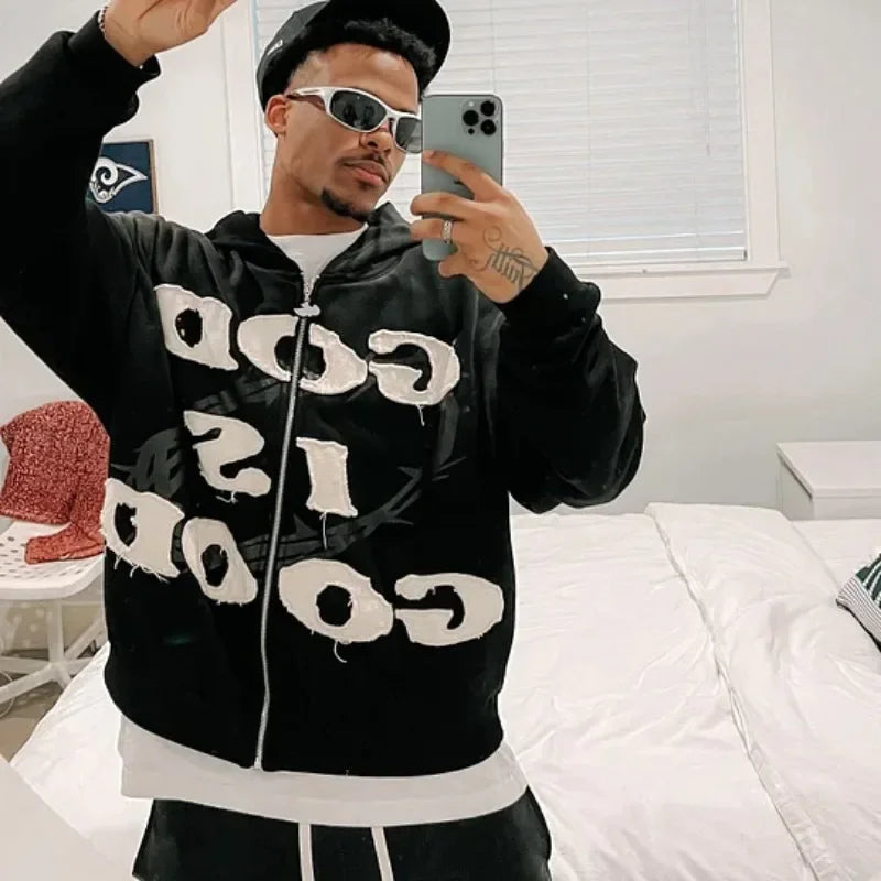 "God is Good" Zip-Up Hoodie – Y2K Gothic Hip Hop Streetwear