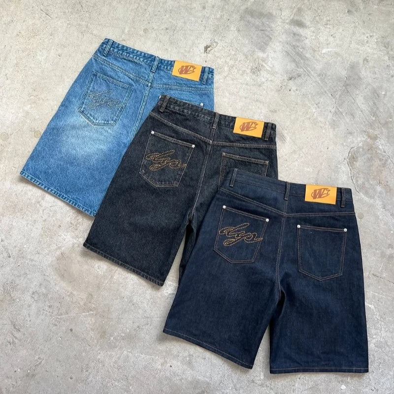 Y2K Baggy Denim Shorts – Retro Embroidered Hip Hop Streetwear