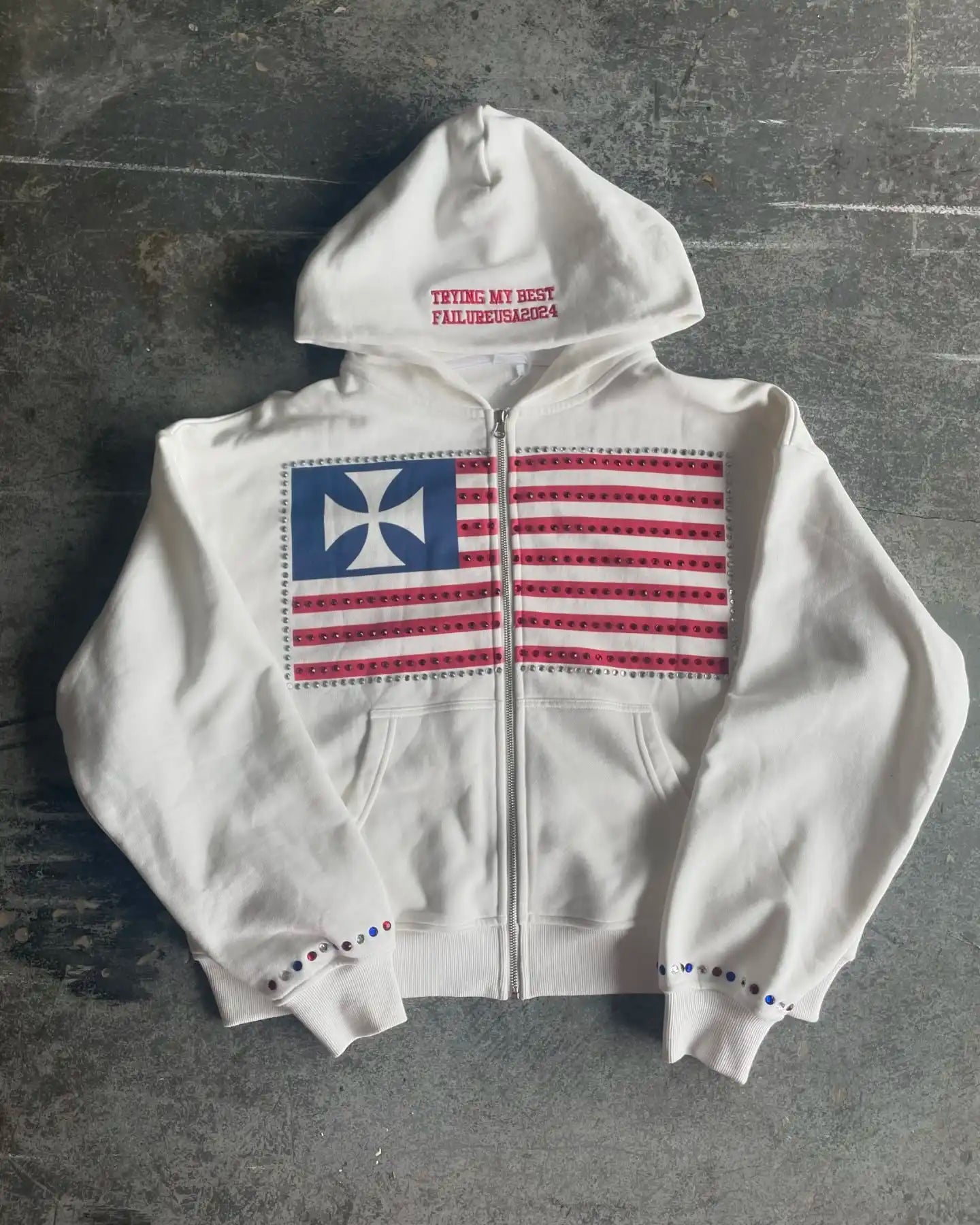 Rhinestone Embroidery Zipper Hoodie | Y2K Gothic National Flag Streetwear | Oversized Couple Sweatshirt S-XL