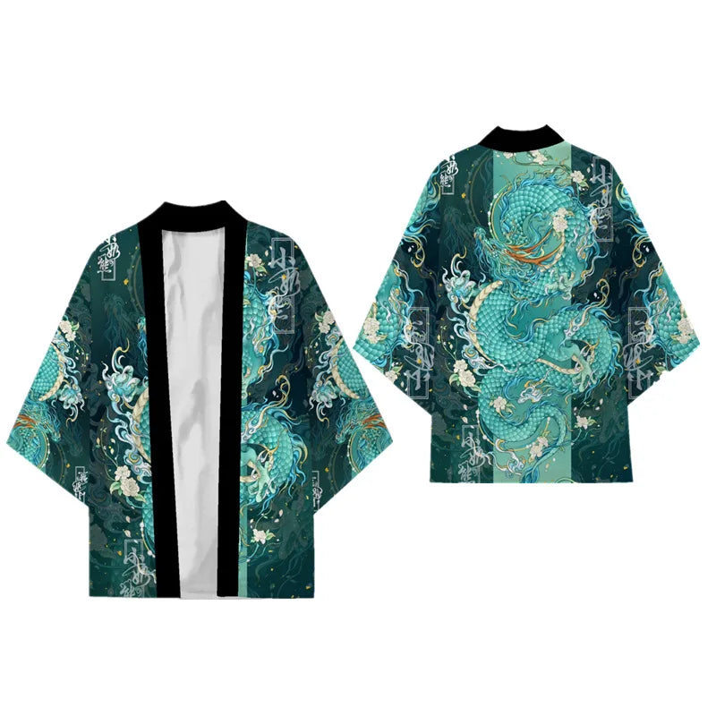 Japanese Kimono Cardigan – Dragon Print Samurai Haori Yukata (3XL-5XL)