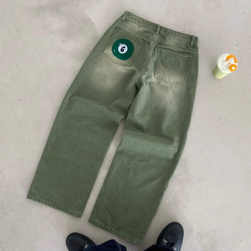 Y2K Matcha Wash Baggy Jeans — Embroidered Streetwear Denim
