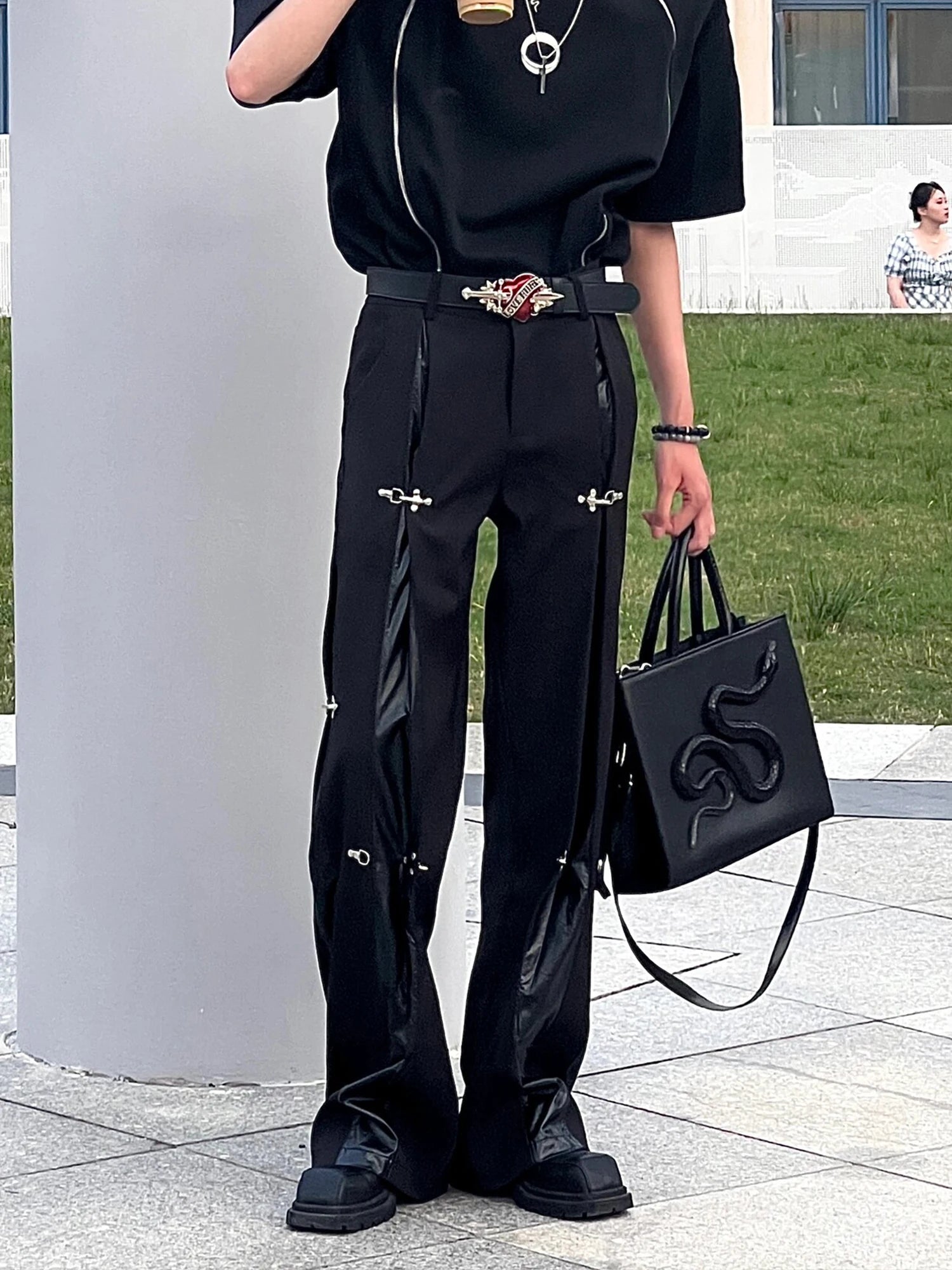 Y2K Cargo Tracksuit Pants — Leather Splice Streetwear Joggers