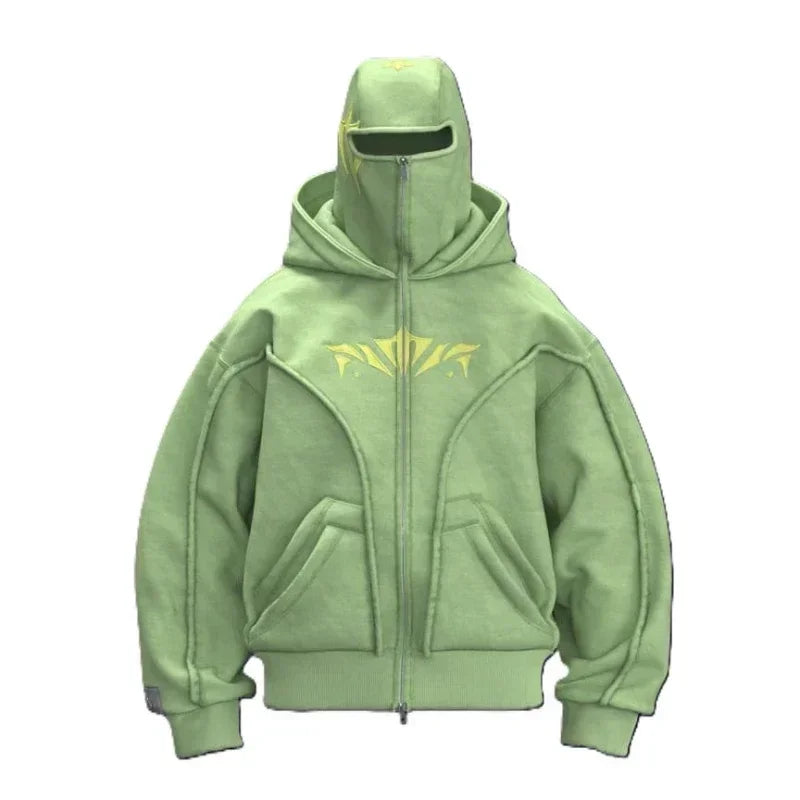Y2K Harajuku Ninja Zip-Up Hoodie – Embroidered Washed Double Hat Streetwear