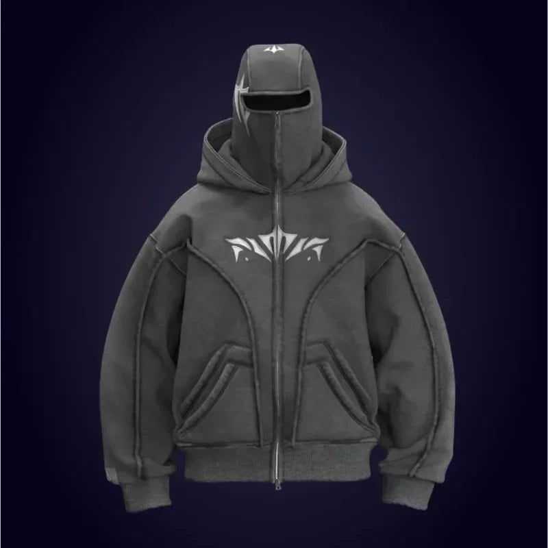 Y2K Harajuku Ninja Zip-Up Hoodie – Embroidered Washed Double Hat Streetwear