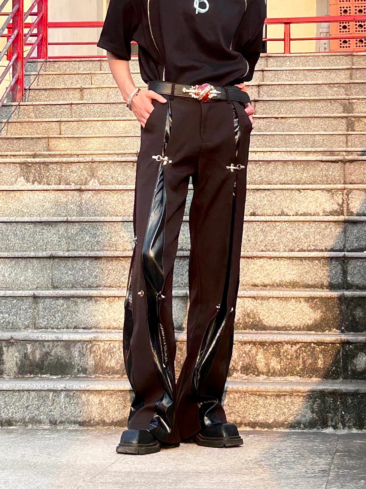 Y2K Cargo Tracksuit Pants — Leather Splice Streetwear Joggers