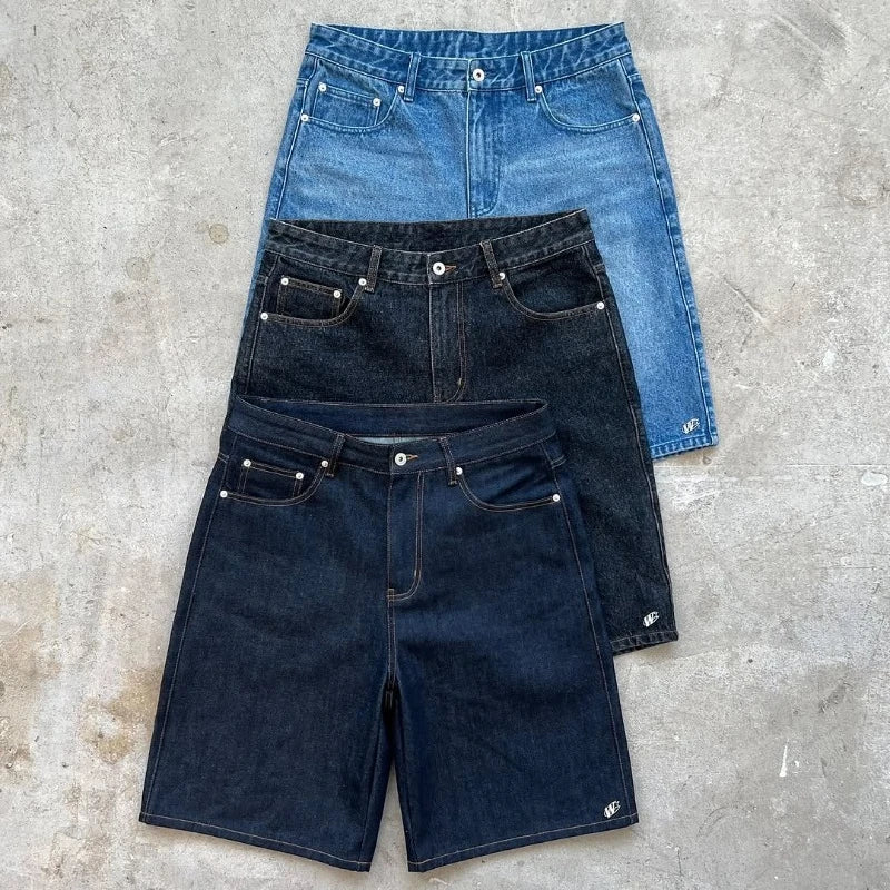 Y2K Baggy Denim Shorts – Retro Embroidered Hip Hop Streetwear