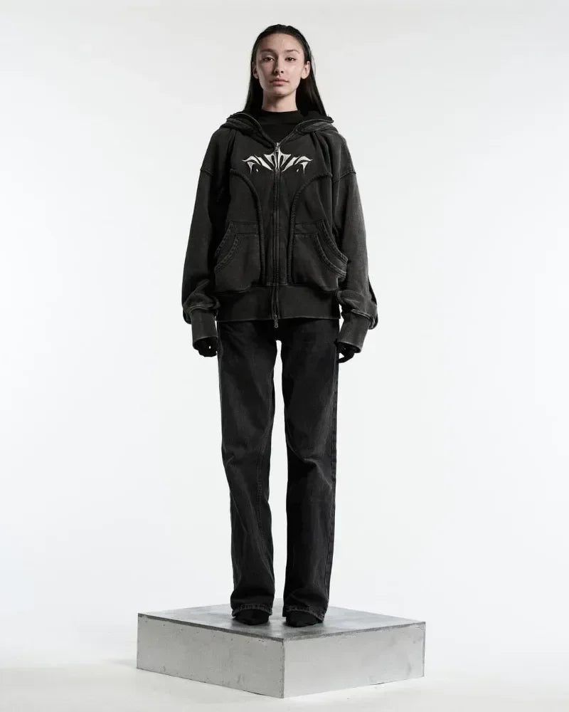 Y2K Harajuku Ninja Zip-Up Hoodie – Embroidered Washed Double Hat Streetwear