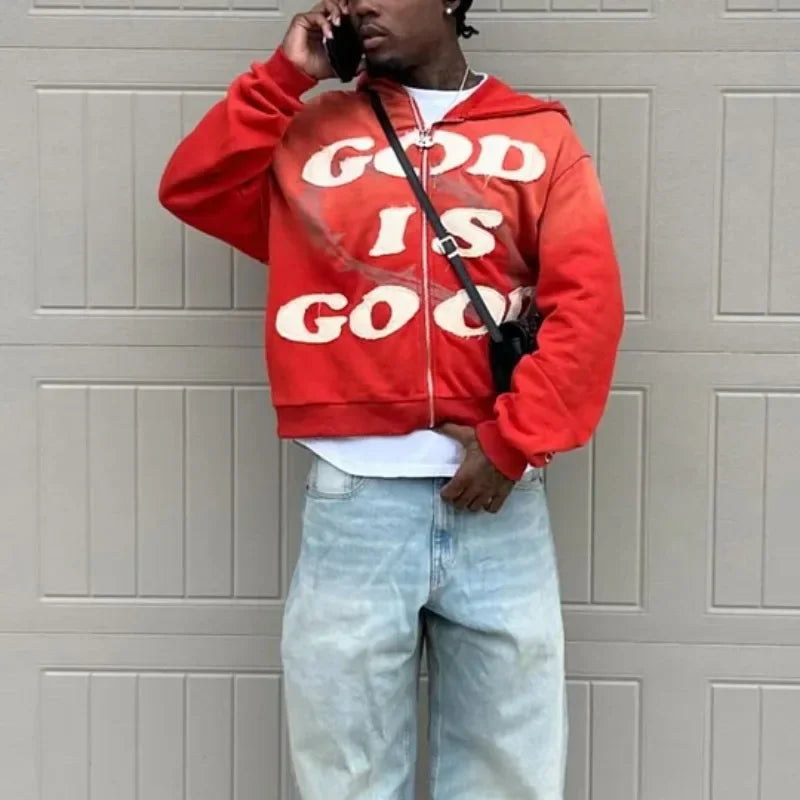 "God is Good" Zip-Up Hoodie – Y2K Gothic Hip Hop Streetwear
