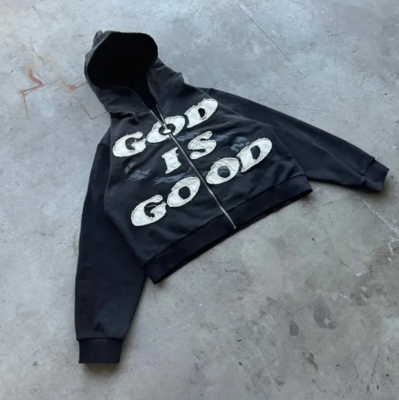 "God is Good" Zip-Up Hoodie – Y2K Gothic Hip Hop Streetwear