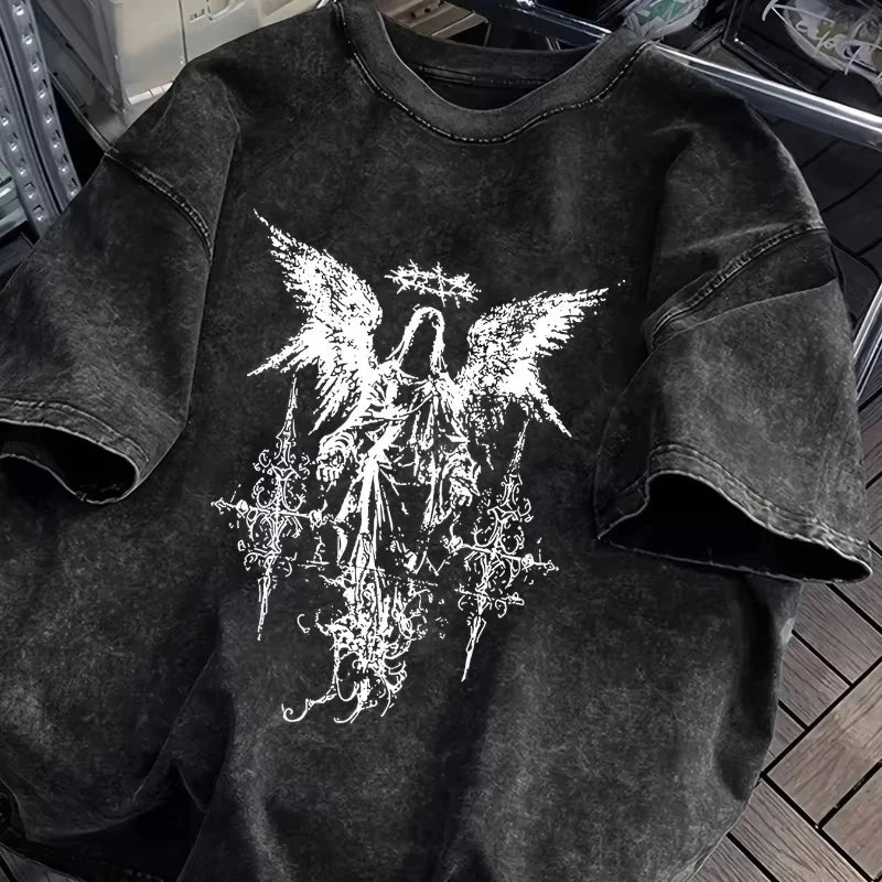 Men's Gothic Style Dark Style Retro Short Sleeved Street Washed Cotton Loose Fitting Unisex T-shirt Fashion Trend Y2K