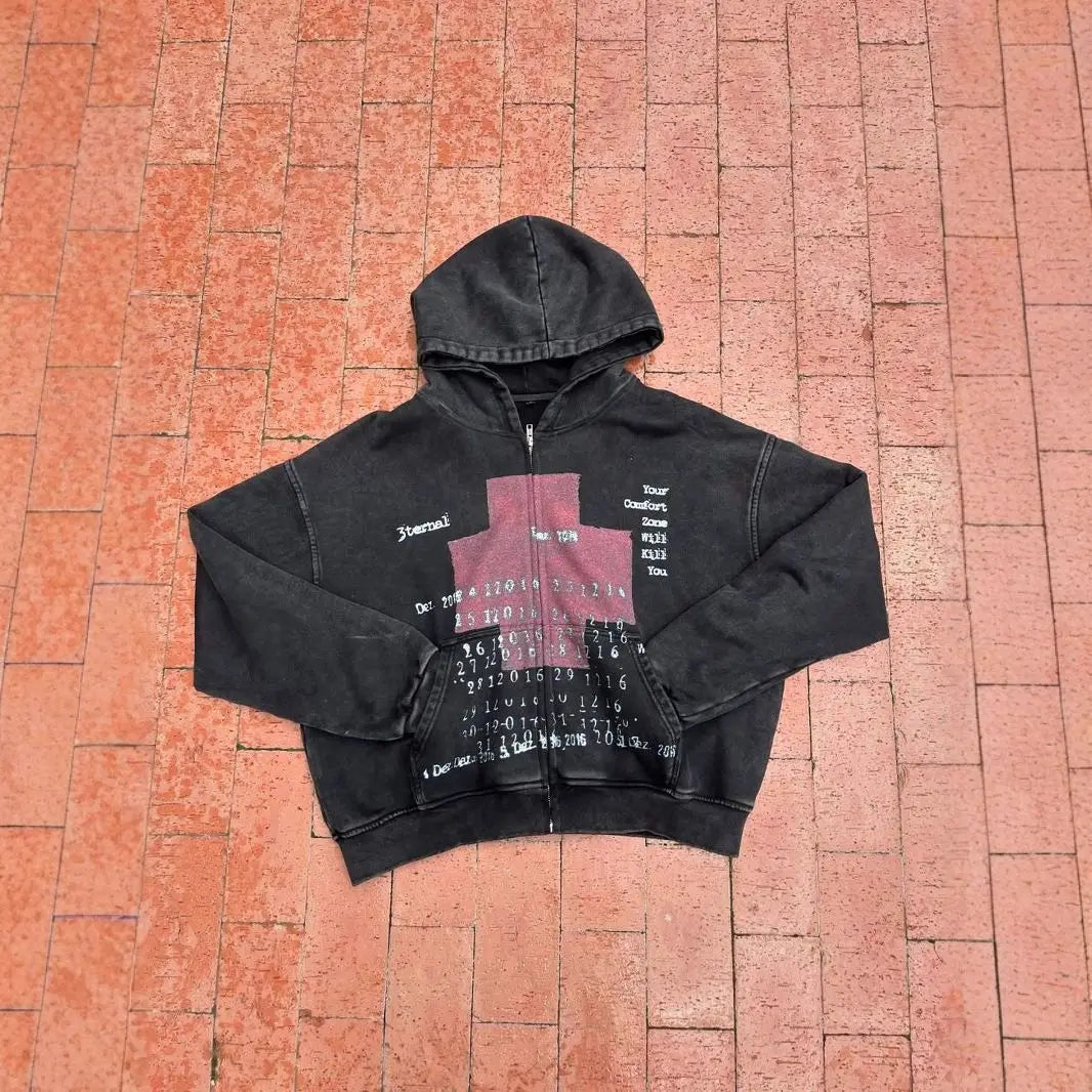 Y2K Red Cross Distressed Hoodie — Vintage Streetwear Pullover